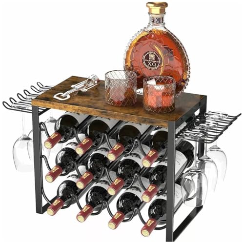 Lista de Producción de vino los 10 mejores. 19 Estante para Botellas de Vino, 3 Capas para 12 Botellas,Porta Vinos Con Gancho Para 6 Copas,Organizador de vinos,Estante de Porta Botella,Bastidores de Almacenamiento Para...