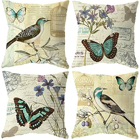 Vintage Spring Pillow Covers Modern Flowers Birds Butterflies Sofa Throw Pillow Cover Set of 4 Farmhouse Outdoor Pillow Case Cotton Linen Lake Blue Purple Cushion Case Home Decor 18x18 Cover