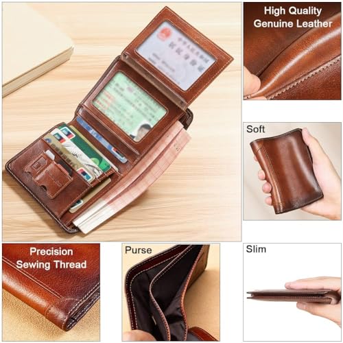 Unique Men's Genuine Leather Wallets with RFID Blocking, High Capacity Trifold Slim Vintage Short Wallet, Freemasons Masonic Symbol Card Holder Purse Luxury Male Gift Wallet,Brown,Style284