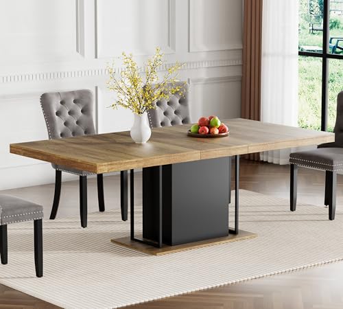 Image of 78.74 inch Extendable Dining Table for 6 8 10 Person, Farmhouse Expandable Dining Table Large Rectangle Wooden Expanding Table with Black Pedestal Base for Kitchen Dining Meeting Room Small Space, Brown