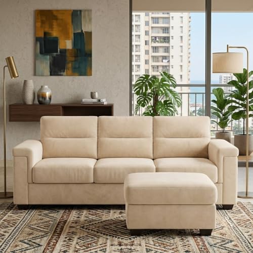 Image of FURNY Parker 3 Seater Sofa Set with Ottoman | Premium Suede Velvet Fabric Finish | Durable Comfort Sofa for Modern Living Room & Office Spaces (Cream)