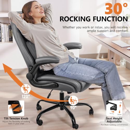 Image of BESTFAIR Office Chair, Executive Computer Desk Chair with Lumbar Support for Lower Back Pain Relief, Ergonomic Leather Home Chair Comfy with Padded Flip-up Arms and Adjustable Armrests, Gray