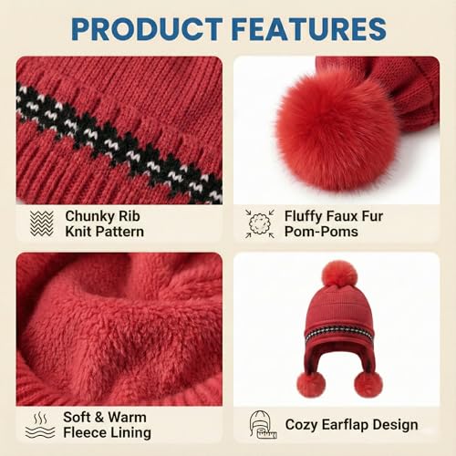 Image of Kraptick Children's Winter Cap: Velvet Thick Warm Woolen Knit Hat with Ear Protection for Children Stylish Korean Beanie with Long Pompom Ears & Fleece Lining Perfect for Winter -4