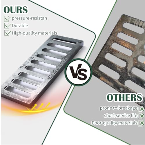Image of Cast Iron Drain Grate, 8 * 20 in Outdoor Drain Cover, Heavy Duty B125 Class Channel Grate, Black Square Drainage Grate, Metal Sewer Grate for Concrete Floor, Yard, Driveway & Garage.