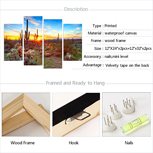 Sechars - 4 Piece Canvas Wall Art Amazing Sunset In Arizona Sonoran Desert Landscape Painting Saguaro Cactus Pictures Canvas Print Southwest Decor For Home Living Room Ready To Hang #TOP5