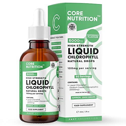 Liquid Chlorophyll Drops for Water - 60ml for 60 Servings - 2 Month Supply of High Strength 100mg Chlorophyll Liquid Drink - Made in UK by Core Nutrition