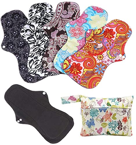 Chargenyang - Chargenyang (5 Pcs 12.8 In) Long Sanitary Pads for Day and Heavy Flow Menstrual Pads Reusable Washable Sanitary Towels Pad Charcoal Bamboo Postpartum Nursing Pad Panty Liners