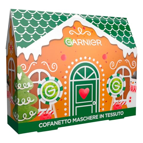 Garnier Set Regalo Navidad con 4 Mascarillas Faciales SkinActive en Tejido + 1 Mascarilla Ojos Hydra Bomb Hidratan Nutren Suavizan y Rellenan para Todo Tipo de Pieles - Embalaje Casa Pan de Jengibre