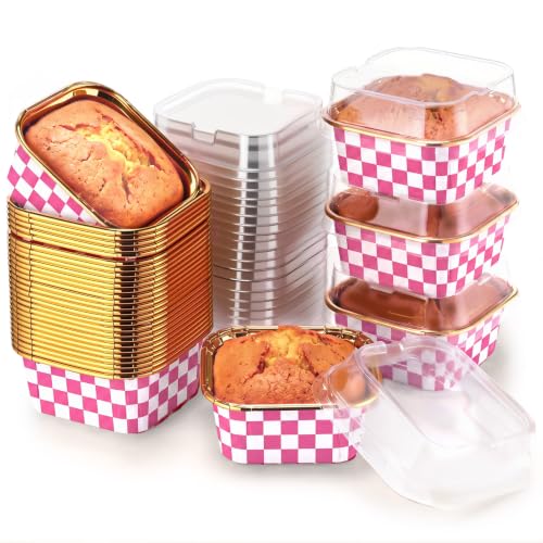 Hushee 50 Pack 5oz Mini Square Cupcake Pan with Lids, Muffin Cupcake Liners Cups, Disposable Paper Brownie Baking Cup Cake Pan Mold for Wedding Birthday Party Decoration (Gingham,Pink)