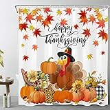 HVEST Fall Thanksgiving Shower Curtain Orange Maple Leaves Pumpkin Sunflower and Turkey on White Shower Curtain for Bathroom Rustic Autumn Shower Curtains with Hooks Bathroom Decor, 72W X 72H inches