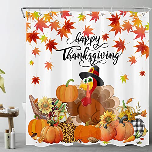 Hvest Thanksgiving Shower Curtain Fall Maple Leaves Pumpkins Sunflower And Turkey Shower Curtain For Bathroom, Autumn Holiday Shower Curtain With Hooks Bathtub Decorations, 72W X 72H Inches #TOP11