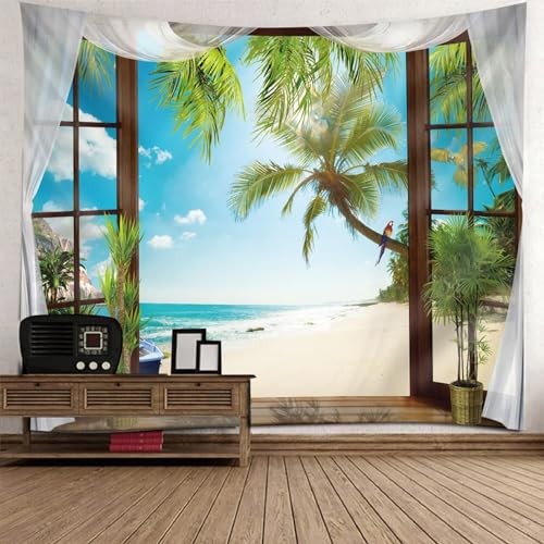 Tapisserie murale paysage naturel 150x150 cm bleu et vert pour deco de chambre