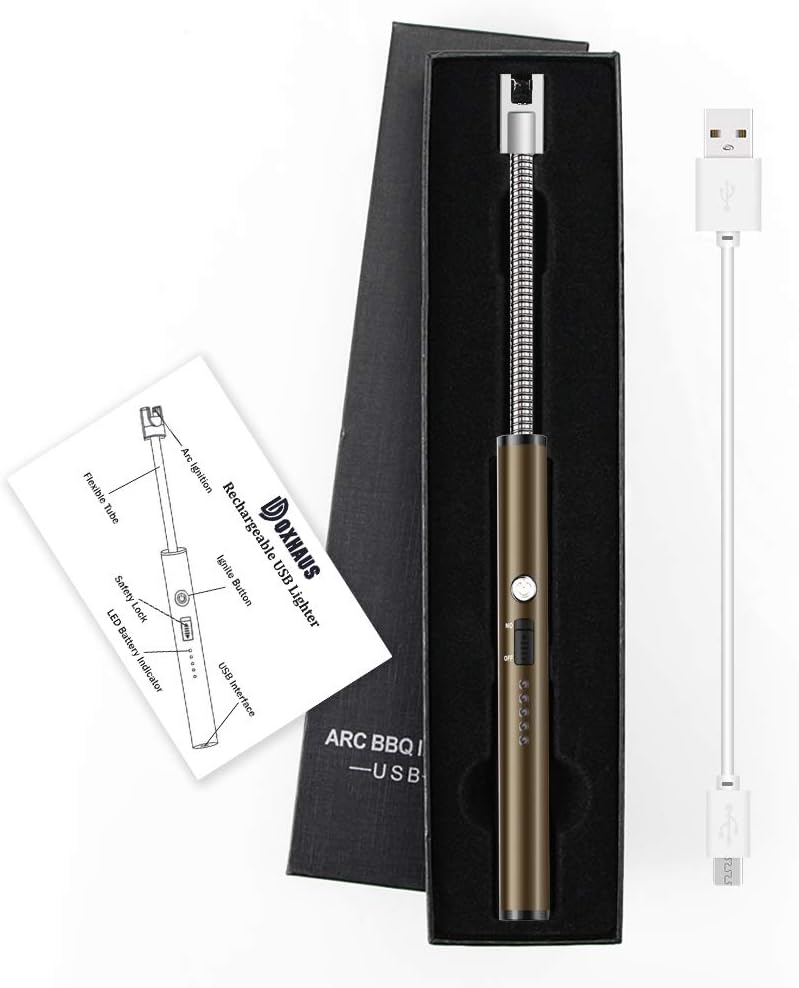 DOXHAUS USB Lighter, Windproof BBQ Lighter Candle Lighter with LED Battery Indicator and Long Handle arc lighter for Candle, Kitchen, Fireworks and Stove