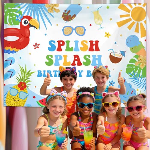 MEHOFOND 7x5ft Splish Splash Birthday Backdrop,Tropical Pool Party Background for Boys Summer Water Splash Birthday Decorations Photo Booth Banner by MEHOFOND - Used condition - Image 3