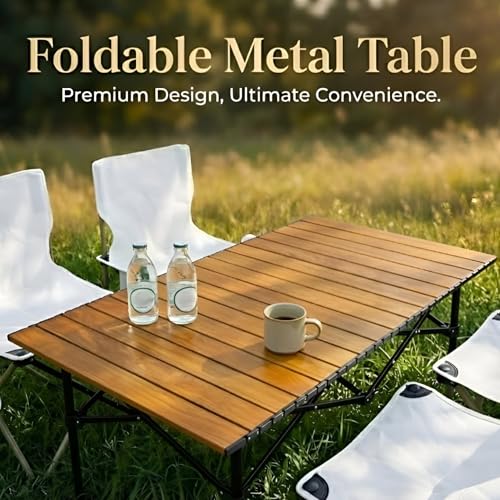 Image of Kraptick Portable Metal Folding Camping Table with Roll-Up Tabletop Lightweight Outdoor Long Table with Carry Bag Compact & Durable Folding Table for Camping, Picnic, Beach & Travel Use (Brown)
