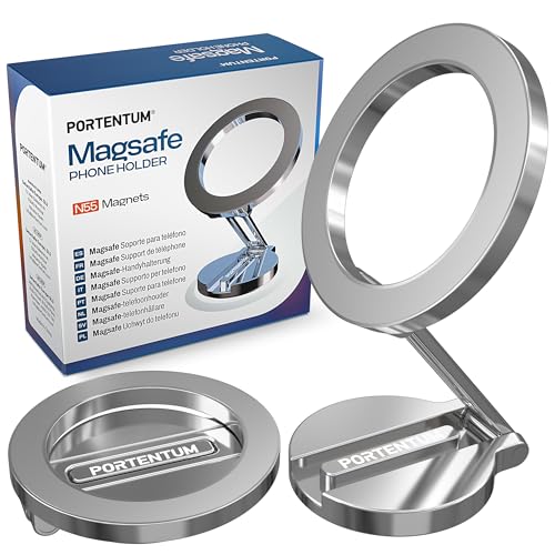PORTENTUM Soporte Movil Coche Magsafe Plegable – con Potente Iman (20x N52) y Rotación 360° – para Salpicadero Oficina u Otras Superficies - Silver