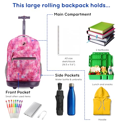 Image of J World Sunrise Kids Rolling Backpack with Wheels for Girls Boys, Roller Bookbag for School, 18 x 13 x 9 Inches, Purple Galaxy