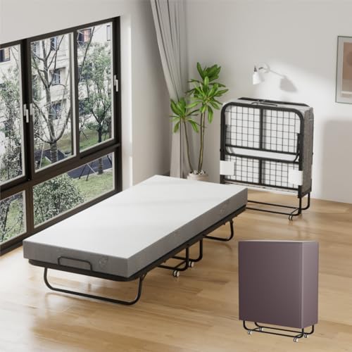 Daromigo Klappbett 90x200 cm Gästebett Klappbar, Klappbett Mit Matratze 13cm Dicker, Einzelbett Faltbare Metallbett Mit 4 Rollen, Belastbarkeit 150...
