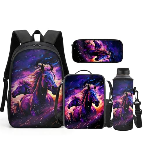 JEOCODY Mochila Escolar Infantil Cavalo Galáxia, Mochila Infantil com Lancheira, Estojo E Porta-Garrafa, Conjunto de Mochila Escolar de 4 Peças, Presente Ideal para Meninos E Meninas Na Volta Às Aulas