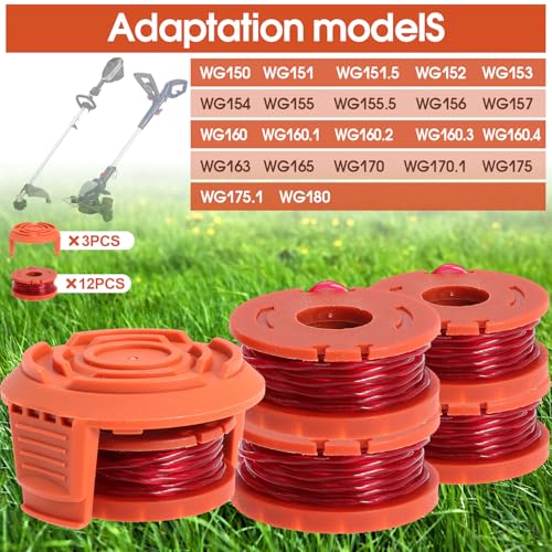 WA0010 Spool Trimmer Line Trimmer Spools For Worx String Trimmer WA0010 Weed Eater and WA6531 Spool Cap Cover for Worx Weed Eater WG150 WG151 WG152 WG153 (12 Trimmer Line Spools+3 Spool Caps)