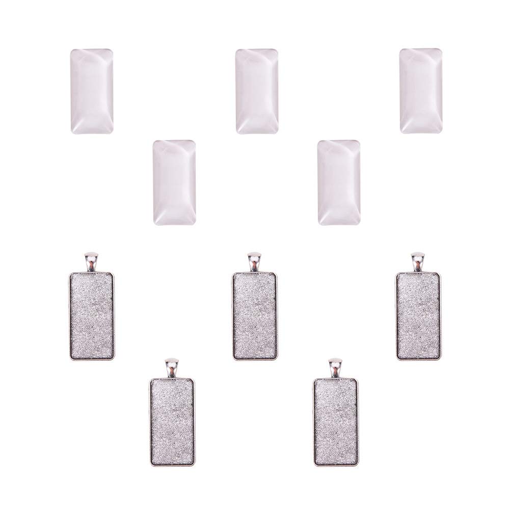 PH PandaHall 5 Sets Pendant Makings - 5pcs Rectangle Antique Silver Alloy Charms Trays Bezel Settings and 5pcs Glass Cabochon Dome Tiles Cameo for