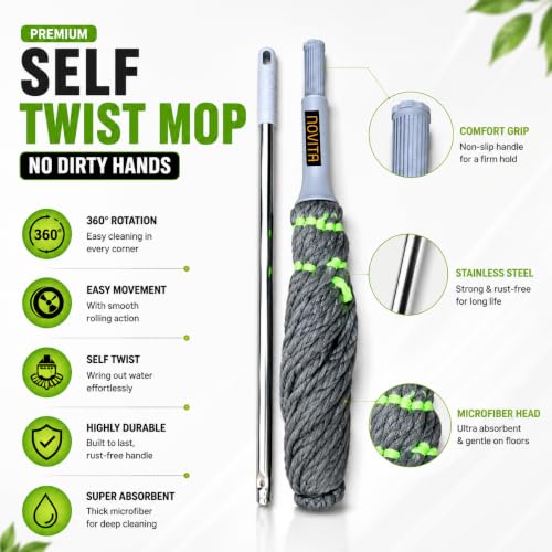 Image of Novita Self-Wringing Twist Mop - Easy Squeeze Floor Cleaner with 360 Degree Rotation, Extendable Stainless Steel Long Handle & Super Absorbent Microfiber Heads for Cleaning