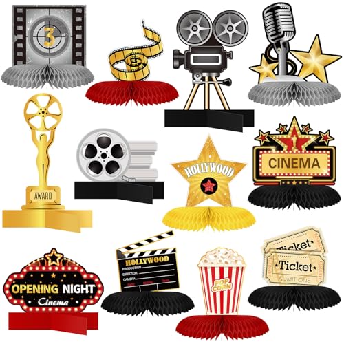 Chinco 12 Pieces Movie Night Party Decorations Supplies Movie Theater Honeycomb Centerpiece 3D Microphone Ticket Star Video Paper Centerpiece Sign Table Decoration for Theater Birthday Party Favors