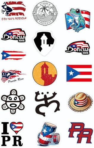 The Original Puerto Rico Sticker Decal Set - Waterproof Vinyl - Puerto Rico Hard Hat Sticker Boricua Coqui El Morro Puerto Rican Car Bumper Window Laptop Water Bottle (16pcs)