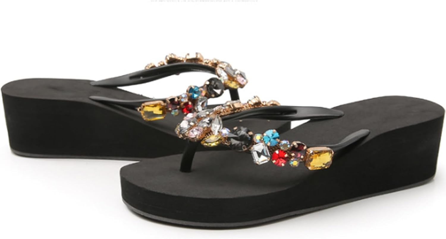 Women's EVA Wedges Heel Boho Flip Flop with Rhinestones Fashion Round Open Toe Sparkly Platform Thong Sandals for Outdoor Summer Beach Walking Shower Indoor