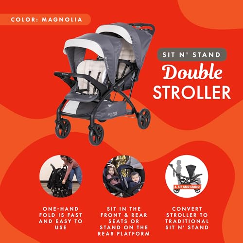 Image of Baby Trend Sit N' Stand Tandem Double Stroller 2.0 DLX with 5 Point Safety Harness, Shaded Canopy, 2 Cup Holders, and Ample Storage Space, Magnolia