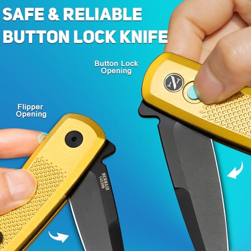 Image of NedFoss MERMAID II Pocket Knife, 3.18 inch 14C28N Steel Small EDC Button Lock Knife with Aluminum Handle and Deep Pocket Clip, Perfect Folding Knife for Men Women (Golden)
