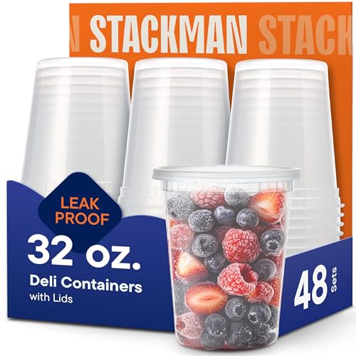 Stack Man [48 Sets - 32 oz.] Plastic Deli Disposable Food Storage Containers with Airtight Lids