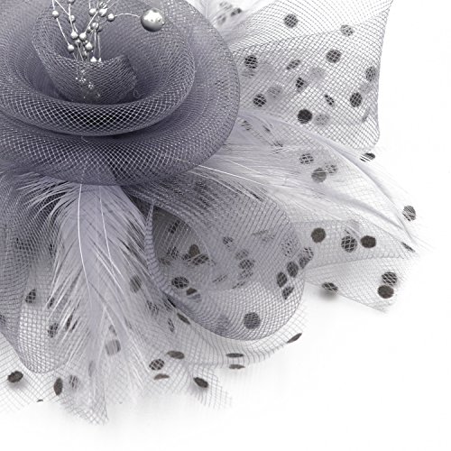 Wheebo Fascinator Hat Flower Feather Mesh Net Veil Party Wedding Headband for Women Girls (A-Gray)