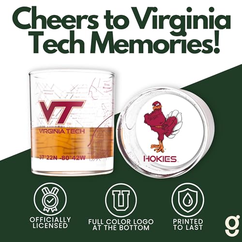 Image of Greenline Goods Virginia Tech University Hokies Whiskey Glasses Set of 2, 10 oz Rocks Glasses with Full-Color Logo & Campus Map - Officially Licensed Bourbon Glass Gift for Alumni & Fans