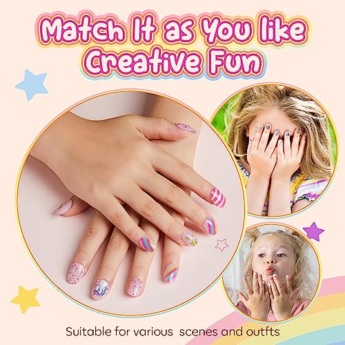 Modelones Press on Nails for Kids 144Pcs 6 Pack Children Acrylic Fake Nails Pre-glue Full Cover Glitter Color Butterfly Unicorn Short False Nail Kits Sets Thanksgiving Christmas Gifts for Girls