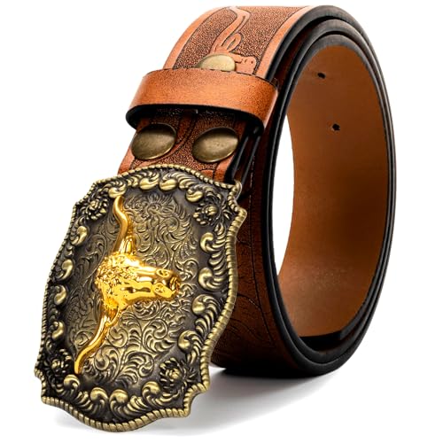 Image of UTOWO Rodeo Western-Longhorn-Bull Cowboy-Belt for Women-Men Bull-Floral-Embossed PU-Leather Cowgirl Waist Belt for Jeans