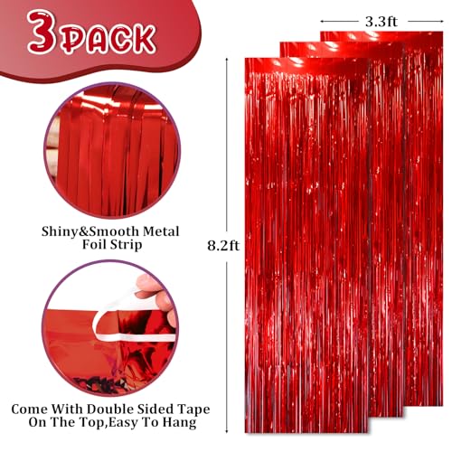 Image of Voircoloria 2 Pack Red Tinsel Foil Fringe Curtains, Red Party Decorations, Metallic Tinsel Party Streamers Backdrop for Birthday Red Carpet Christmas Graduation Carnival Valentine's Party Decorations