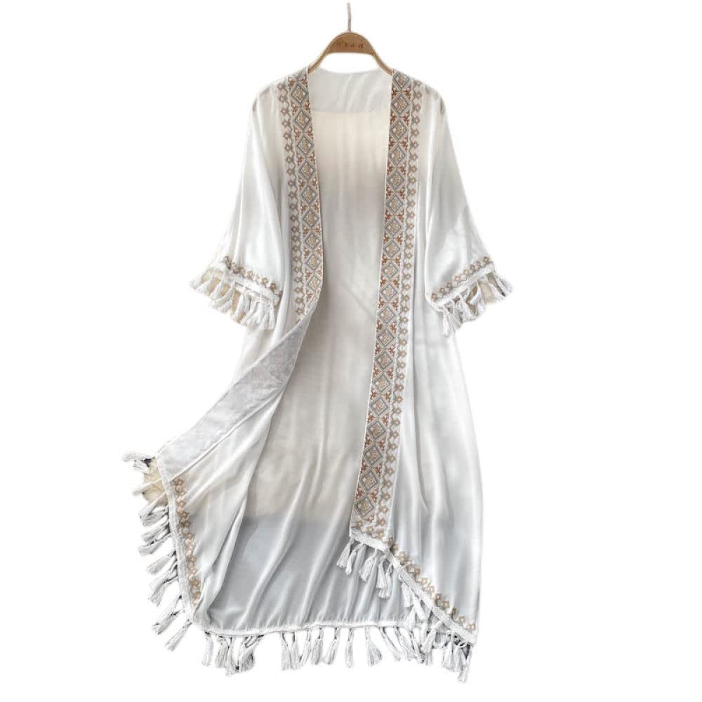 Strandtunika,Retro Boho Damen Quastenstickerei Weiß Chiffon Blusen Schal Kimono Cardigantunic Shrugs Party Tops Casual Beach Bikini Cover Ups Leichte Cardigans Mit Offener Vorderseite Für Mädchen Da