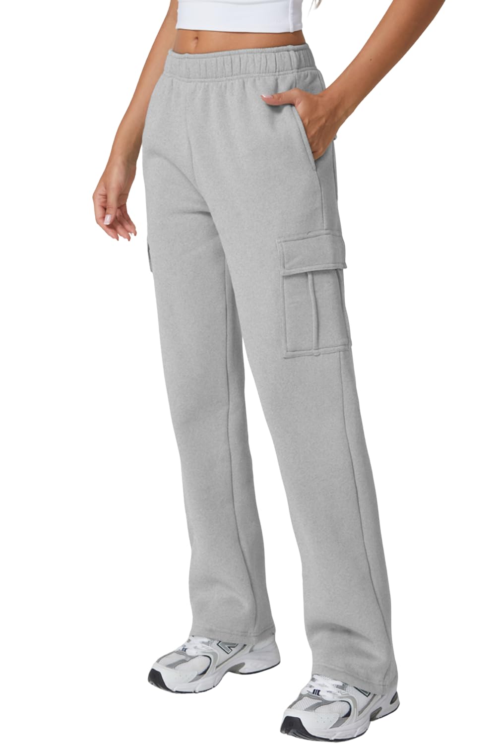 QINSEN Pantalones deportivos holgados de cintura media para mujer, pantalones largos de forro polar con bolsillos