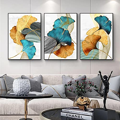 Toile peinture abstraite feuille bleu or 60x90cm x3 sans cadre pour deco salon