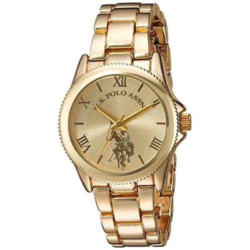 U.S. Polo Assn. Women’s Analog Watch – Gold-Tone Champagne Dial with Roman Numerals, Stainless Steel Bracelet, and Box Packaging – Stylish and Adjustable Fit for Wrists 5.5″ to 8″