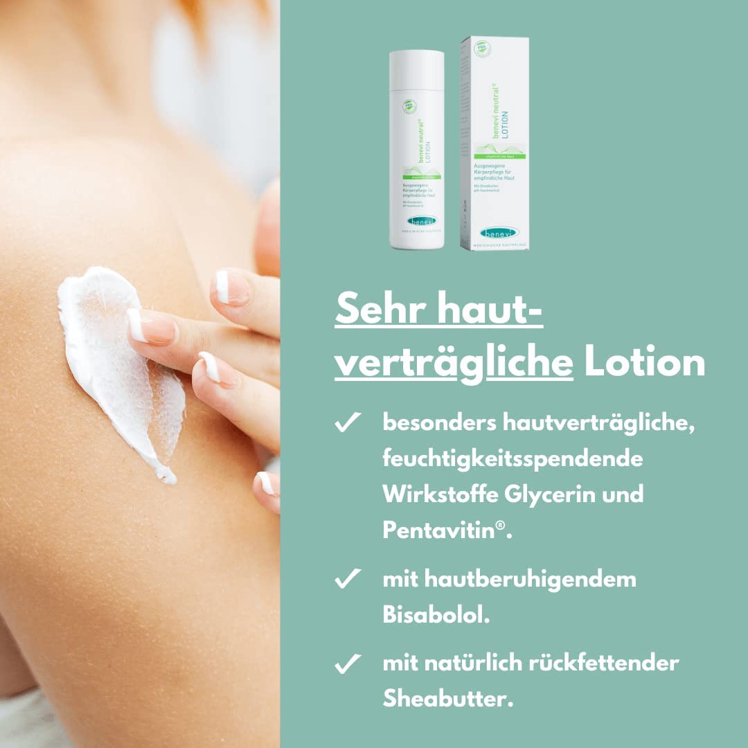 benevi neutral Lotion 200ml für empfindliche und zu Allergien neigende Haut - die leichte und pH-hautneutrale Bodylotion pflegt die Haut mit wertvoller Sheabutter und ist besonders hautverträglich