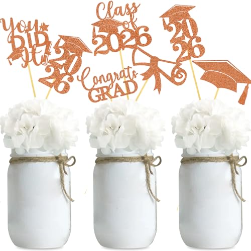Image of Graduation Centerpiece Sticks 24PCS Glitter Grad Picks Party Table Decor Senior High School College Sign Orange