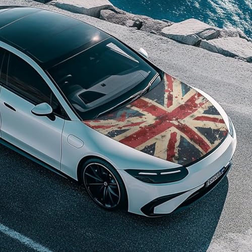 Image of British Flag Car Hood Cover Protector for Most Vehicles Sedans Trucks SUVs, Stretchable Auto Accessories, Tea-Stains British Union Jack Flag Car Bonnet Banner