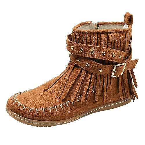 Womens Moccasins Fringe Ankle Boots Retro Suede Leather Tassel Studded Moccasins Shoes Non Slip Flat Heel Fall Winter Casual Fashion Booties with Zipper