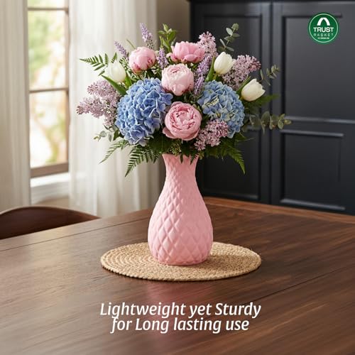 Image of TrustBasket Serenity Decorative Plastic Flower Vase Set Yellow Pink, Modern Table Top Home Accent for Living Room Bedroom Dining Office, Minimalist Durable Lightweight Decorative Set of 2