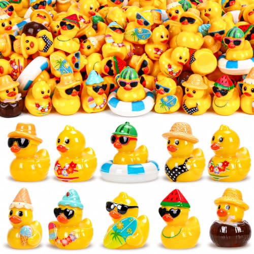 120 Pcs Summer Mini Resin Ducks 10 Beach Vacation Styles Tiny Cruise Ducks to Hide Miniature Hawaii Duck Figurines for Pool Party Favors DIY Crafts Cake Toppers Fairy Garden Aquarium Desk Decor