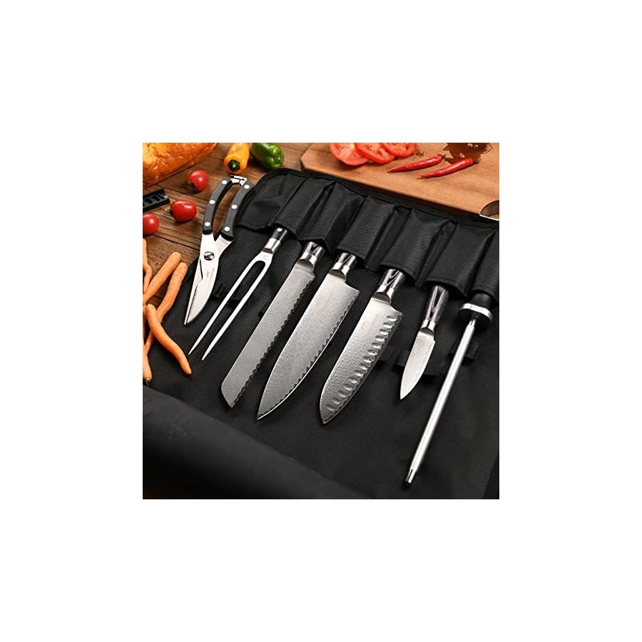 Chef-Knife-Set-8-Pieces-Damascus-Steel-Knives-with-Portable-Knife-Roll-Storage-Bag-Knife-Blade-Guards-Carving-Fork-Knife-Sharpener-and-Kitchen-Shears-for-Outdoor-Camping-BBQ-Travel NANFANG BROTHERS Chef Knife Set with Bag, 8 Pieces Damascus Steel Chef Knives with Portable Knife Roll Storage Bag, Blade Guards, Carving Fork, Sharpener and Kitchen Shears for Outdoor Camping Travel
