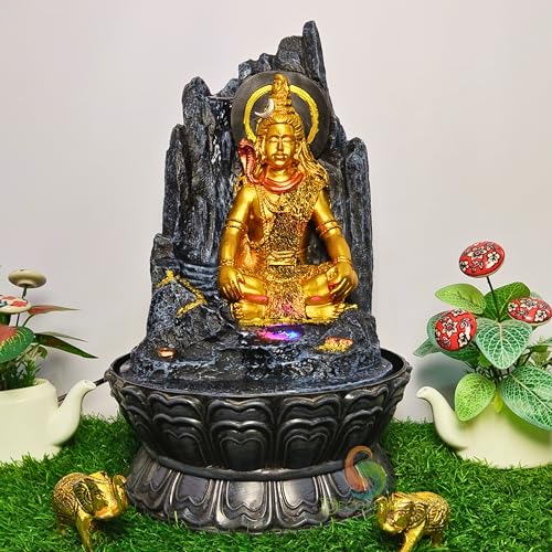 Image of Decorative Table Top Water Fountain for Home Decor /Office /Indoor & Outdoor /Garden /Puja Room /Vaastu with Multicolor LED Light and Adjustable Water Pump (Black Shiva)