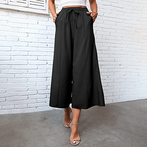 YOLAI Women Linen Palazzo Pants Wide Leg Drawstring Casual Trousers Loose Crop Elastic Waist Beach Pants with Pockets (Black, XXL)3
